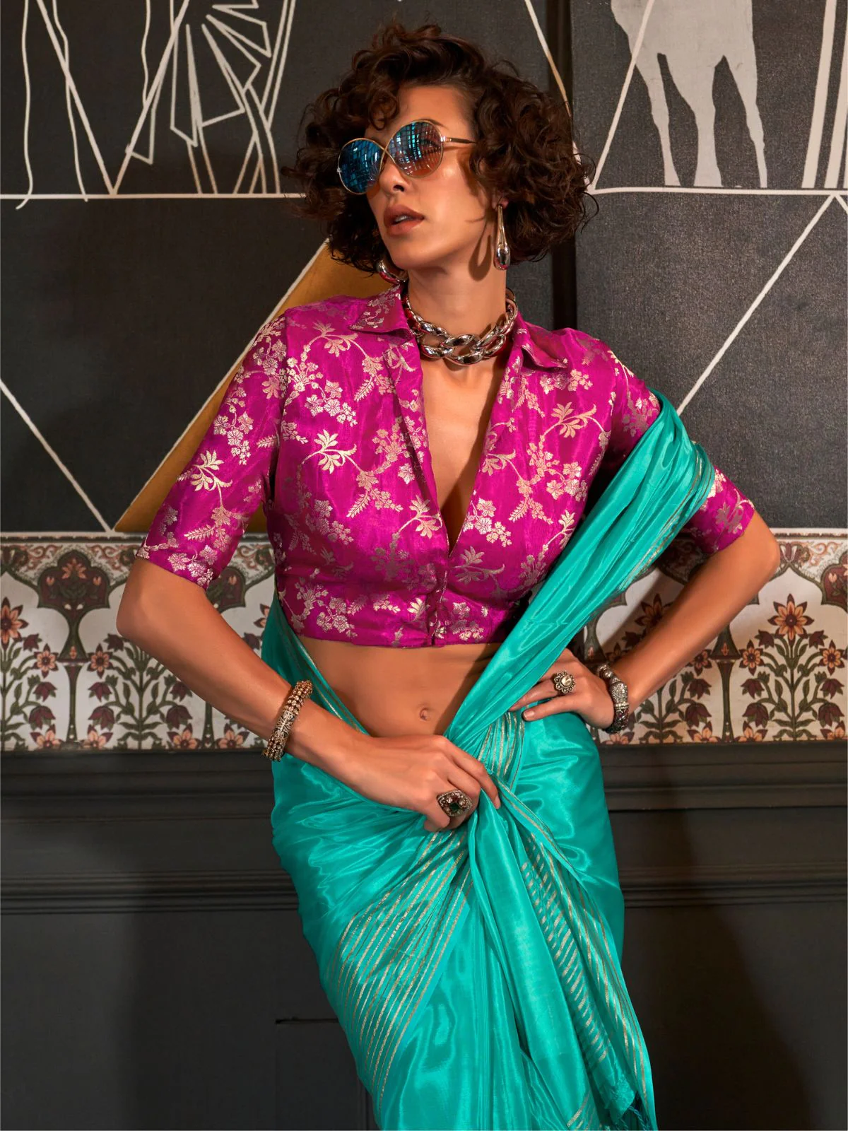 Odette Teal Viscose Woven Saree With Unstitched Blouse For Women - Image 2