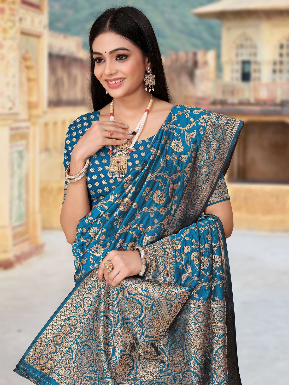 Odette Teal Woven Banarasi Silk Saree With unstitched Blouse For Women - Image 5