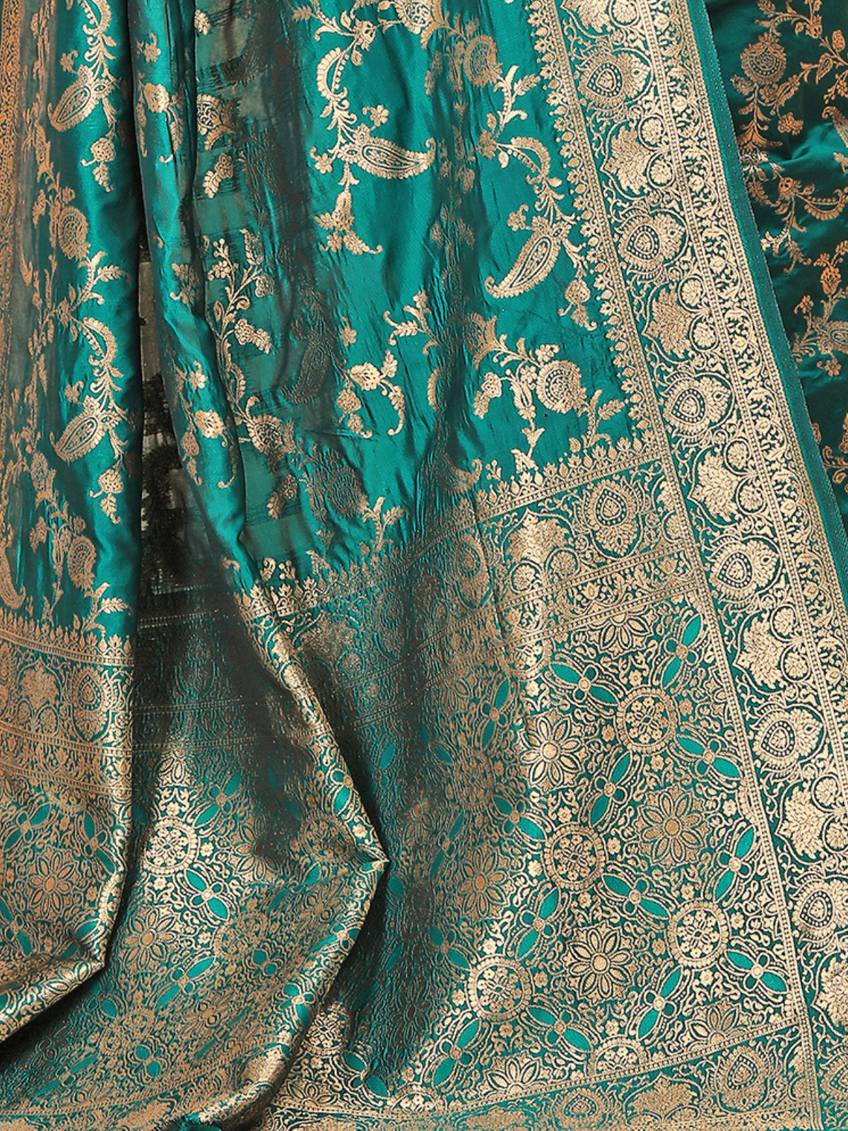 Odette Teal Woven Banarasi Silk Saree With unstitched Blouse For Women - Image 6