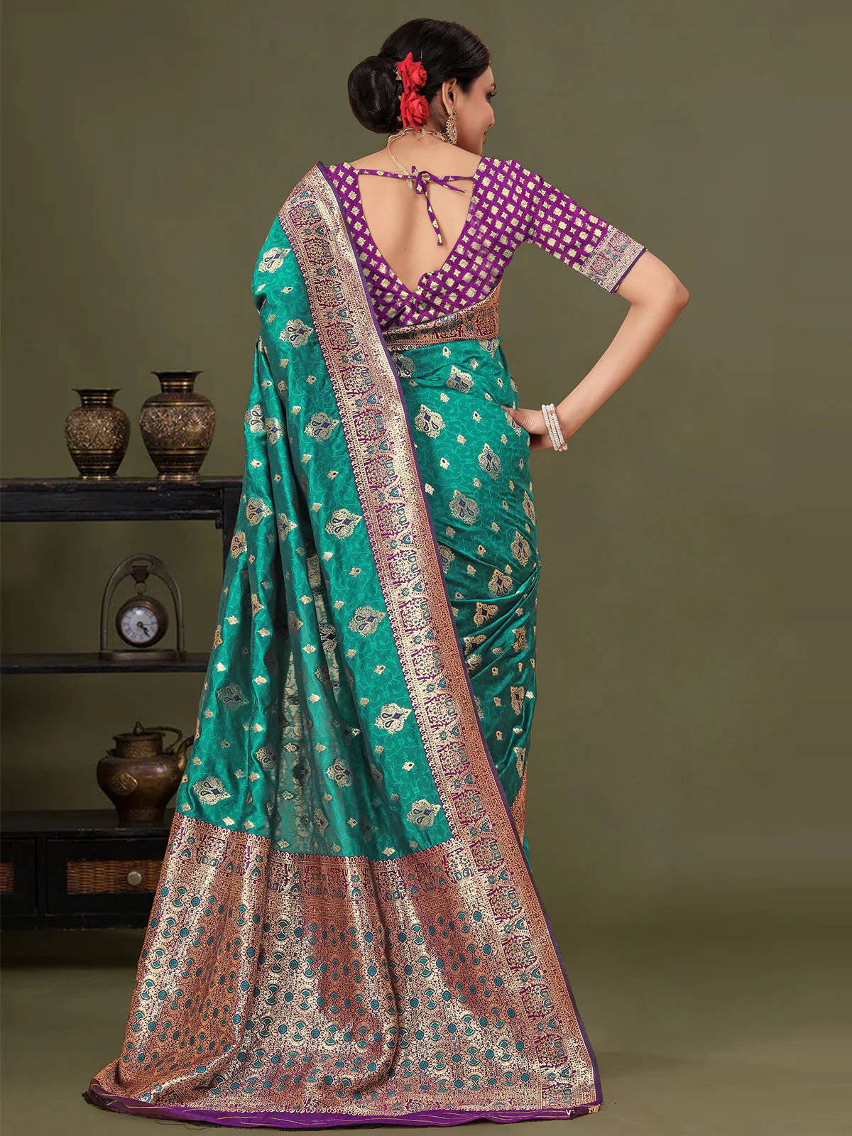 Odette Teal Woven Banarasi Silk Saree With Unstitched Blouse For Women - Image 5