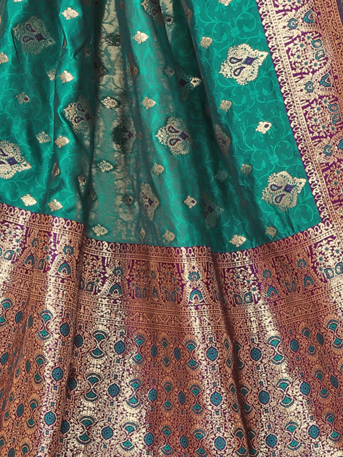 Odette Teal Woven Banarasi Silk Saree With Unstitched Blouse For Women - Image 6