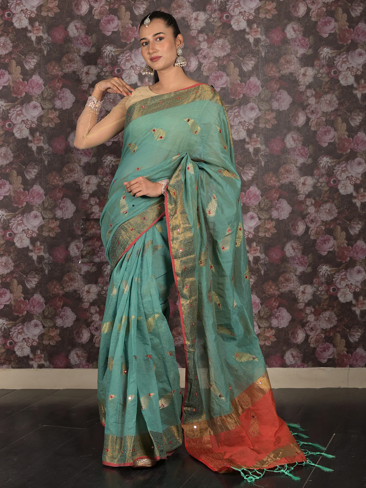 Odette Teal Woven Cotton Silk Blend Saree With Unstitched Blouse For Women - Image 2