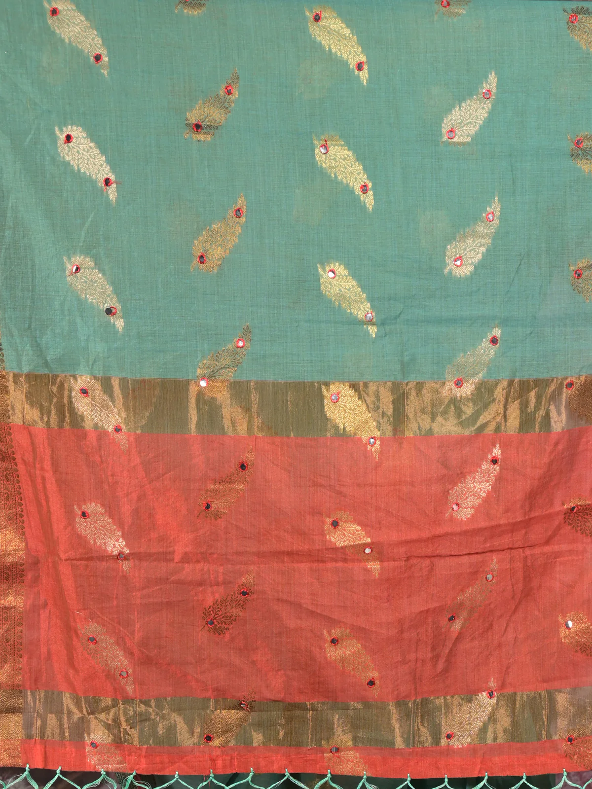 Odette Teal Woven Cotton Silk Blend Saree With Unstitched Blouse For Women - Image 5
