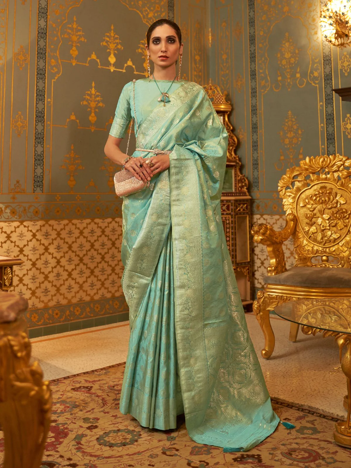 Odette Sea Green Woven Design Silk Blend Saree With Unstitched Blouse For Women