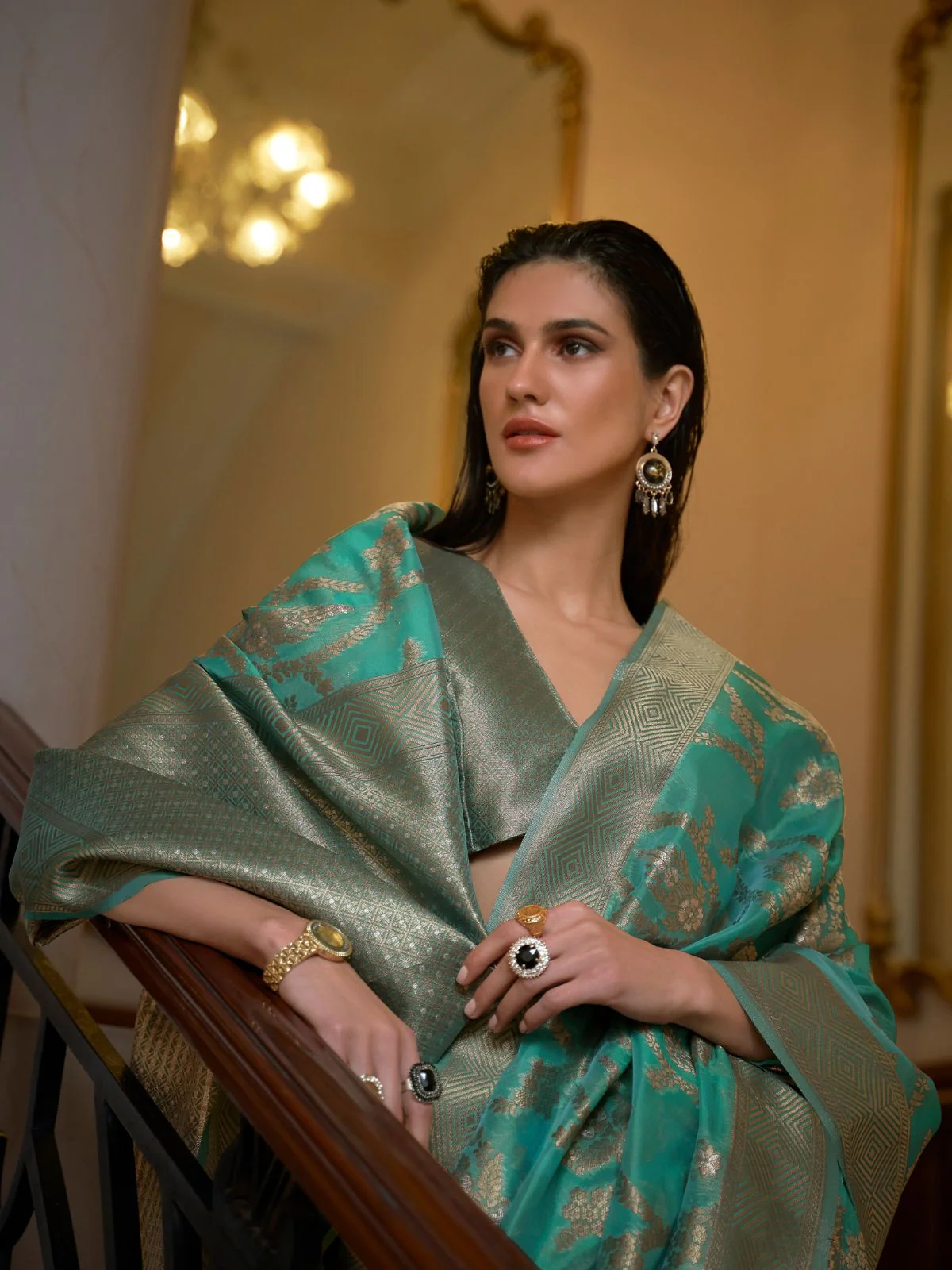 Odette Teal Woven Design Silk Blend Saree With Unstitched Blouse For Women - Image 2