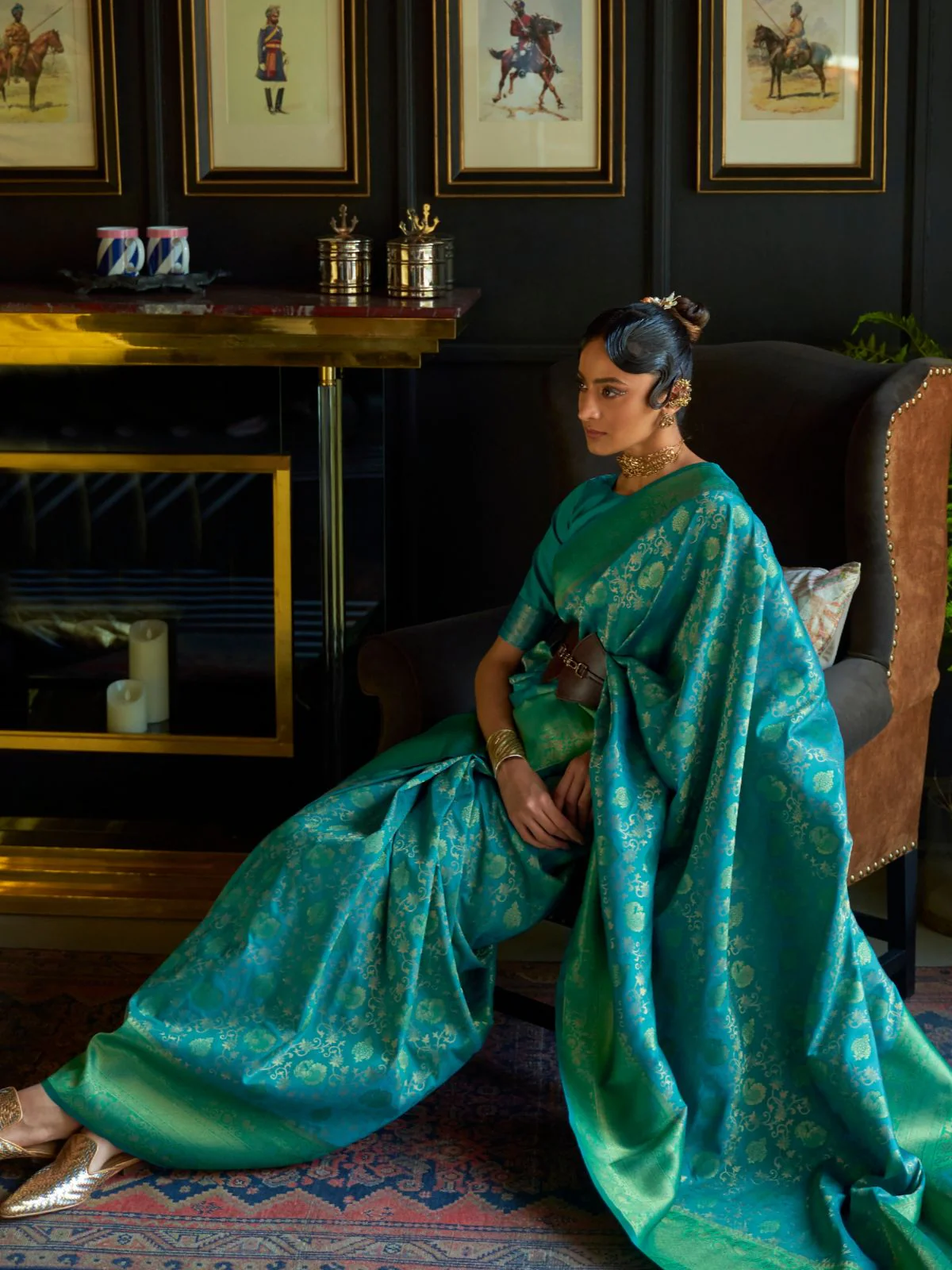 Odette Teal Woven Design Silk Blend Saree With Unstitched Blouse For Women - Image 2