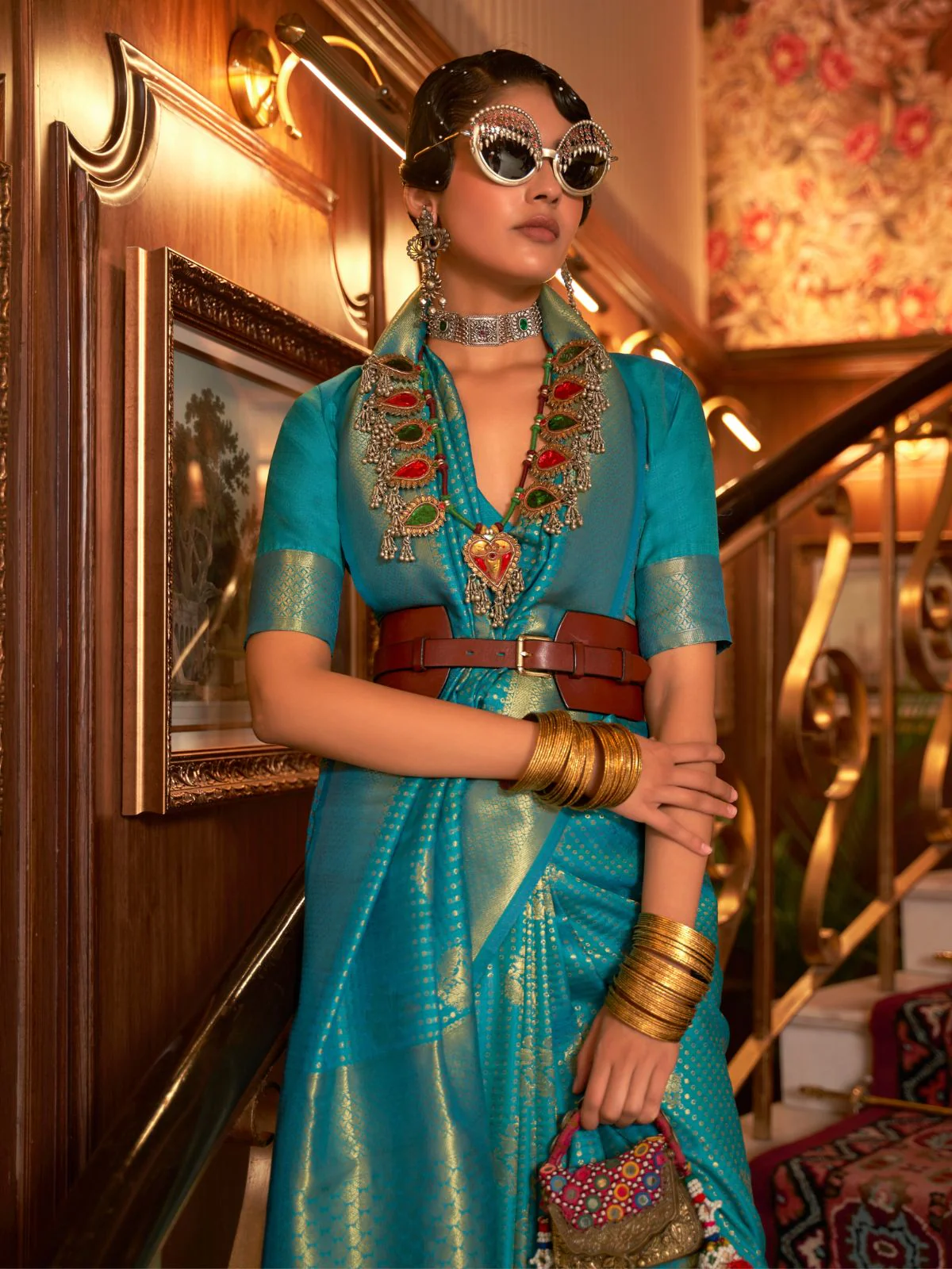 Odette Teal Woven Design Silk Blend Saree With Unstitched Blouse For Women - Image 2