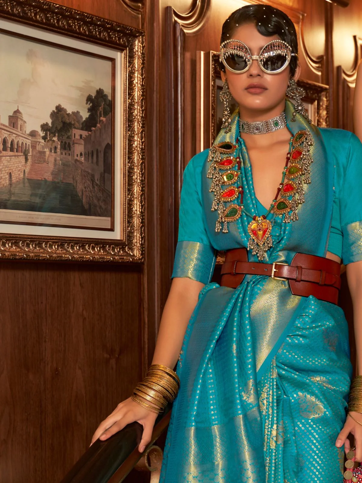 Odette Teal Woven Design Silk Blend Saree With Unstitched Blouse For Women - Image 3