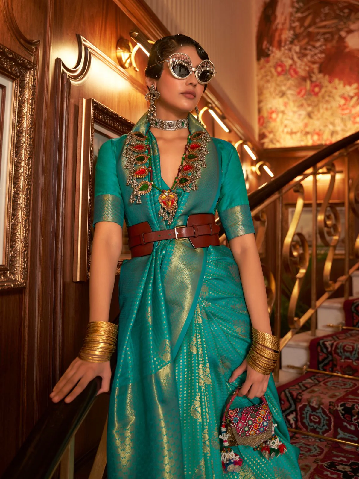 Odette Teal Woven Design Silk Blend Saree With Unstitched Blouse For Women - Image 2