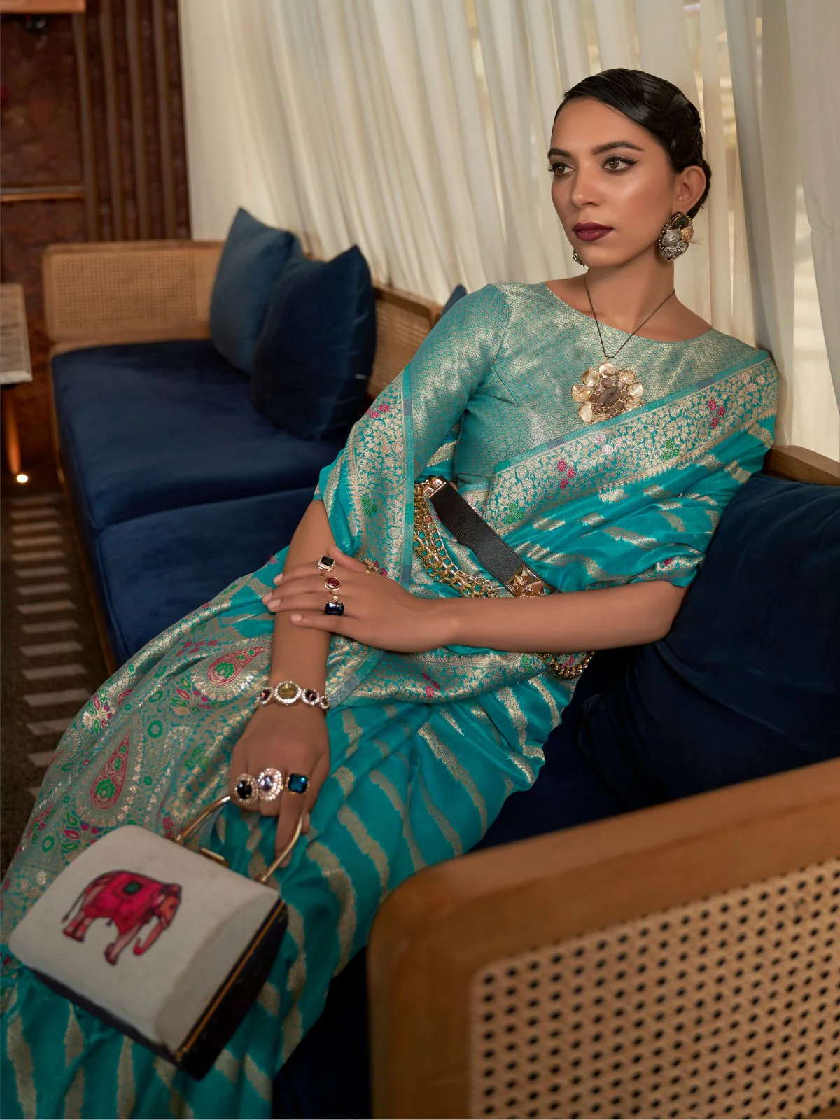 Odette Teal Woven Design Silk Blend Saree With Unstitched Blouse For Women - Image 2