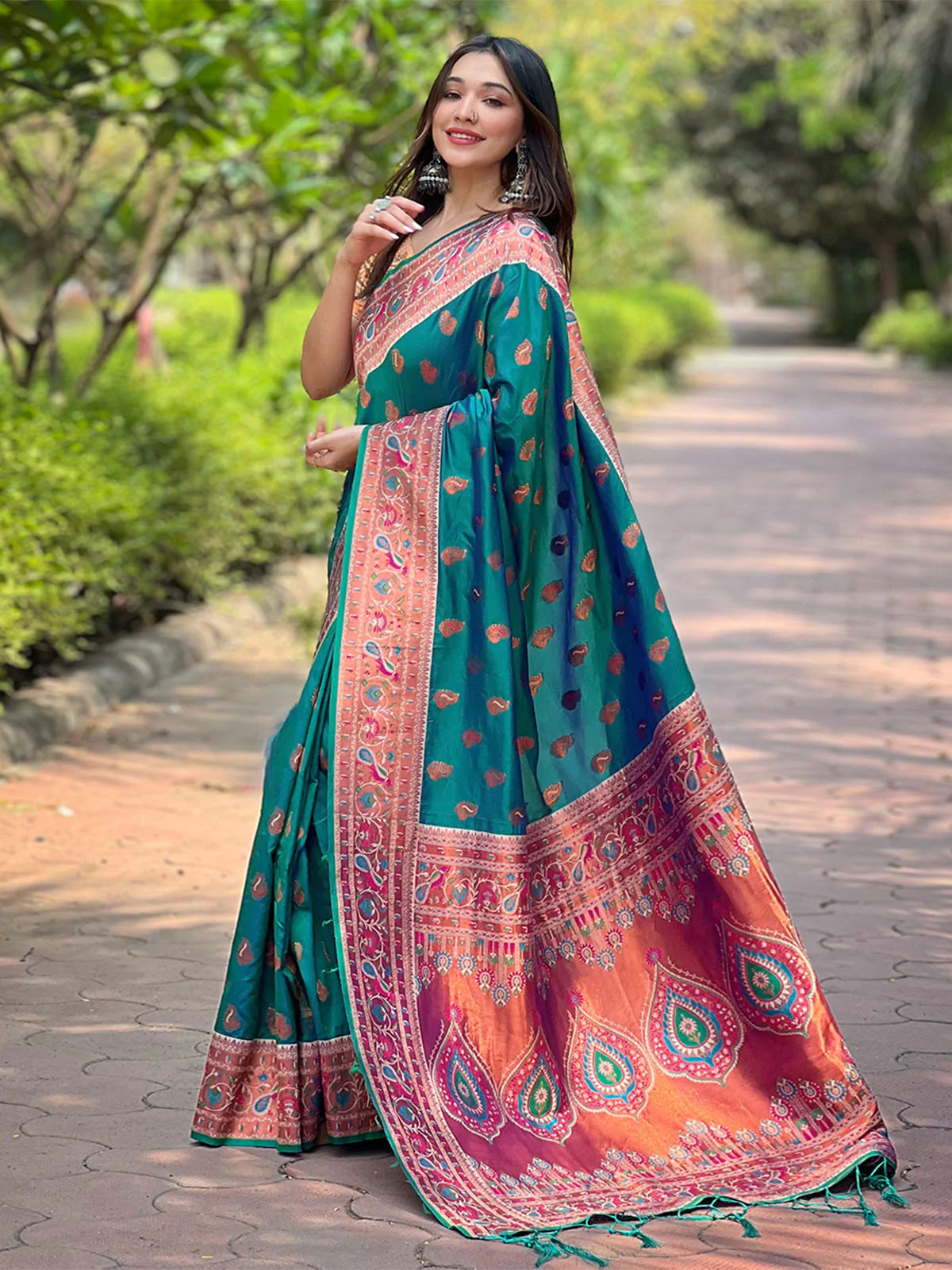 Odette Teal Woven Design Silk Blend Saree With Unstitched Blouse For Women - Image 2
