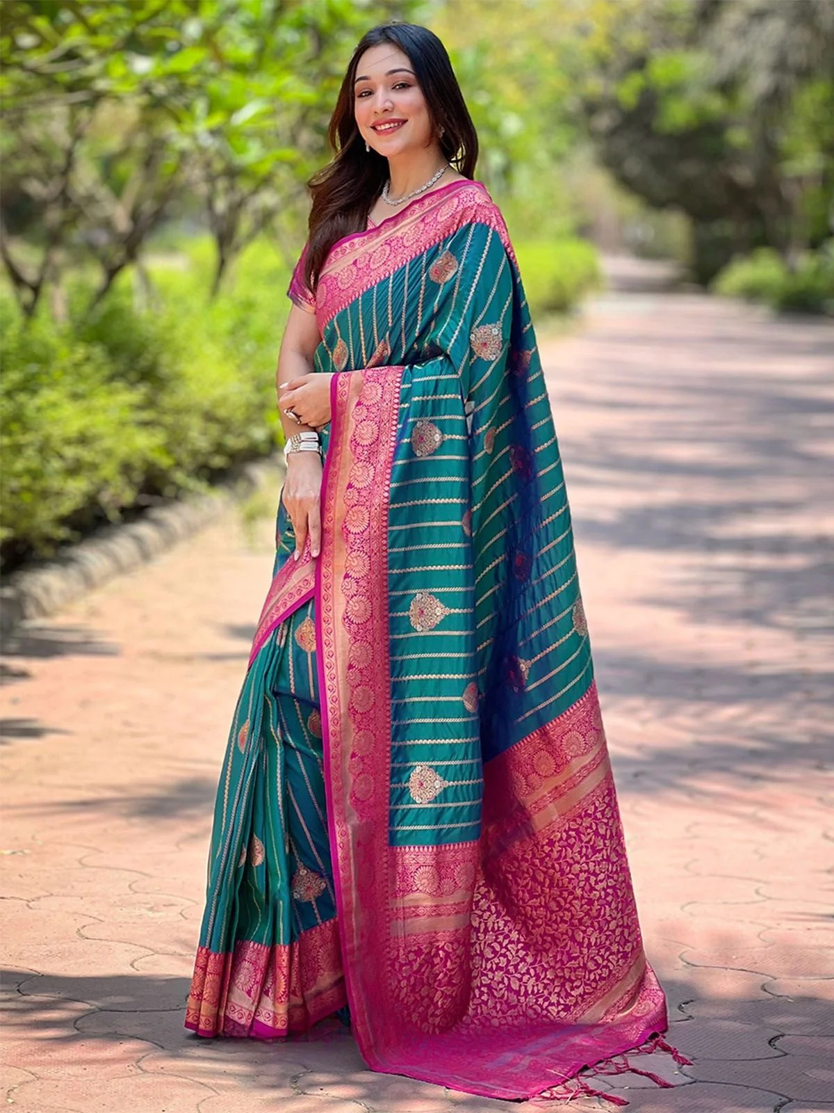 Odette Teal Woven Design Soft Silk Saree With Unstitched Blouse For Women - Image 2