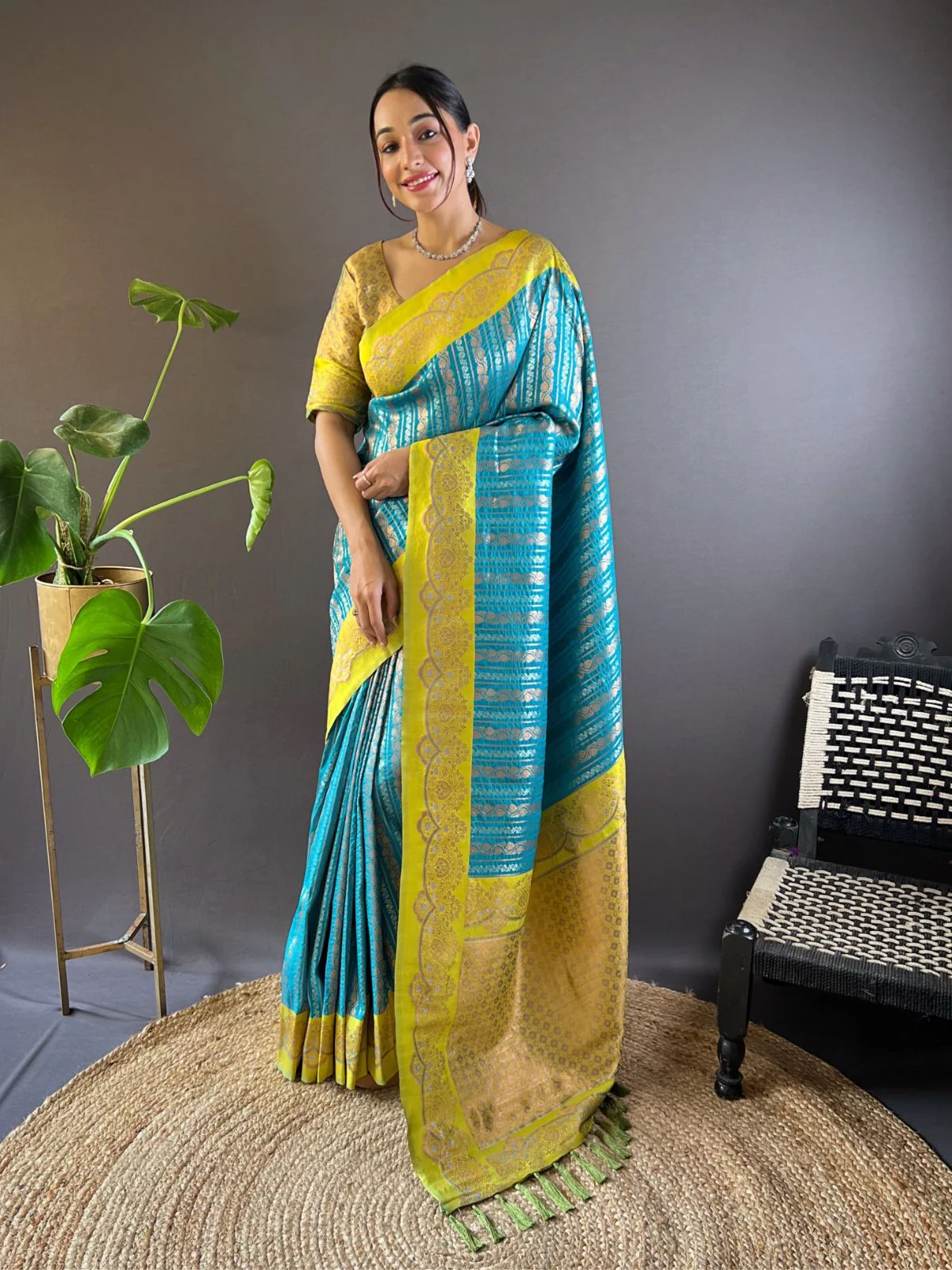 Odette Teal Woven Design Soft Silk Saree With Unstitched Blouse For Women
