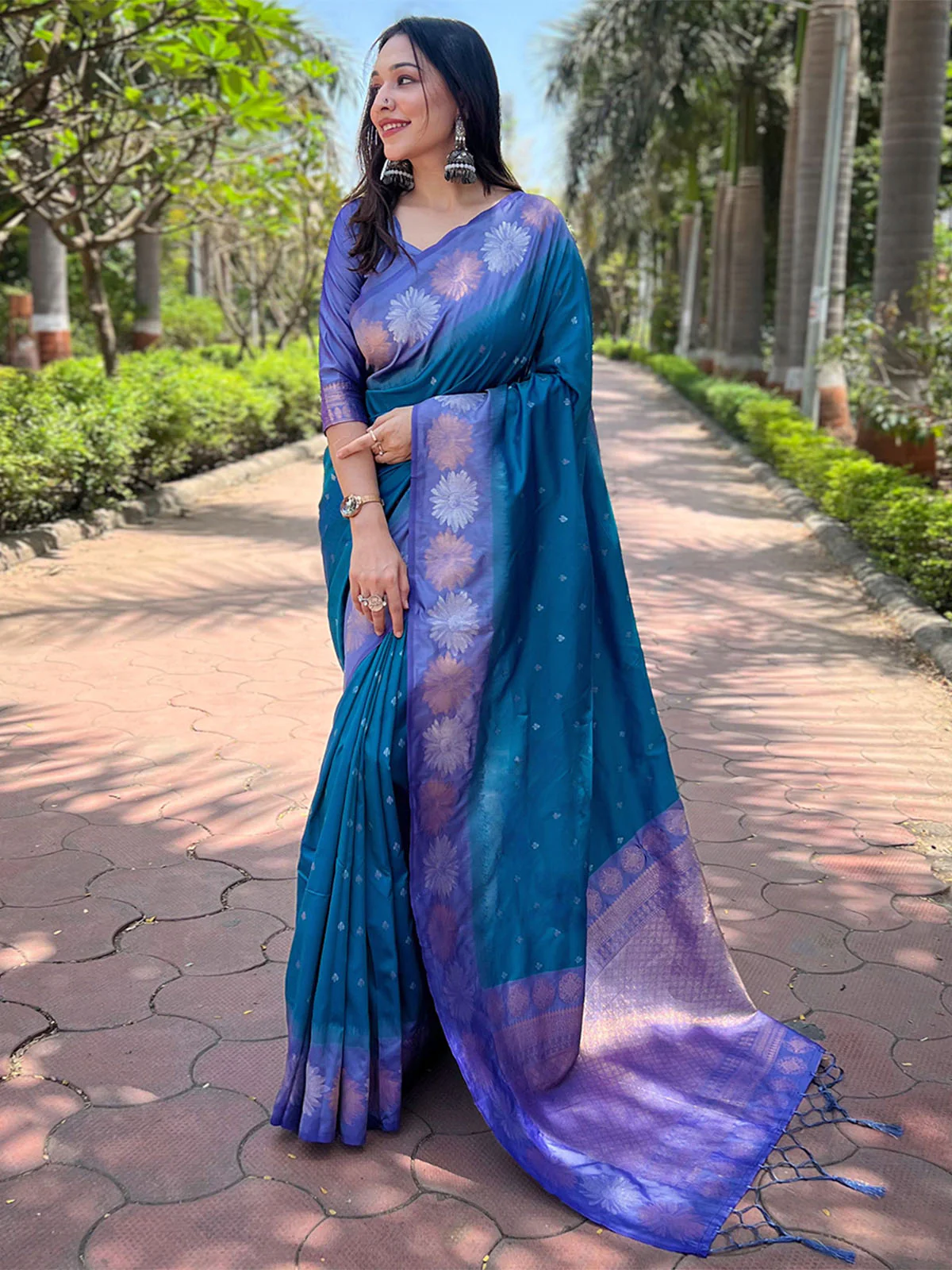 Odette Teal Woven Design Soft Silk Saree With Unstitched Blouse For Women