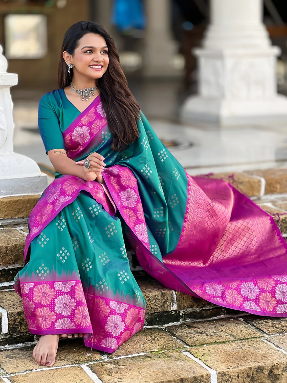Odette Teal Woven Design Soft Silk Saree With Unstitched Blouse For Women - Image 2