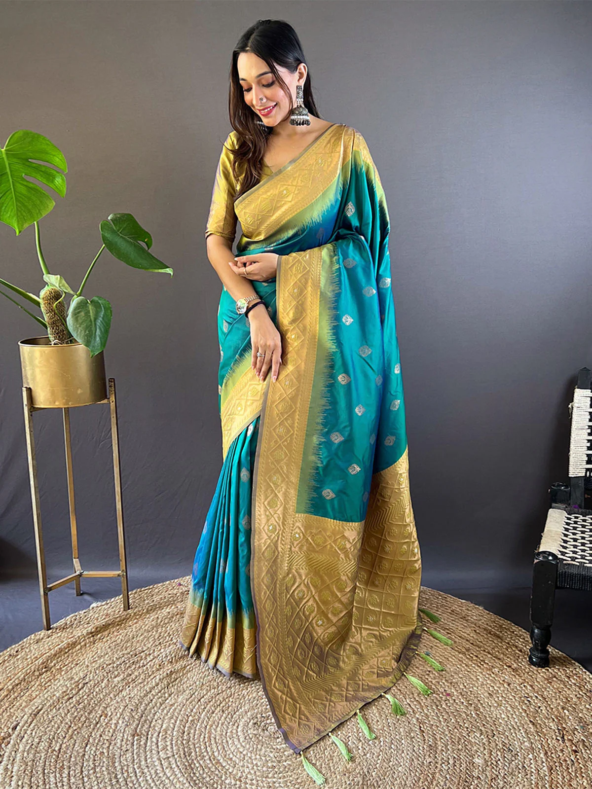 Odette Teal Woven Design Soft Silk Saree With Unstitched Blouse For Women