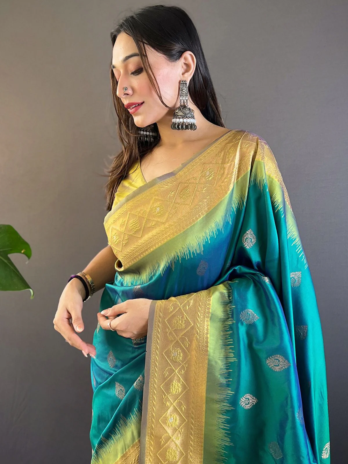 Odette Teal Woven Design Soft Silk Saree With Unstitched Blouse For Women - Image 3