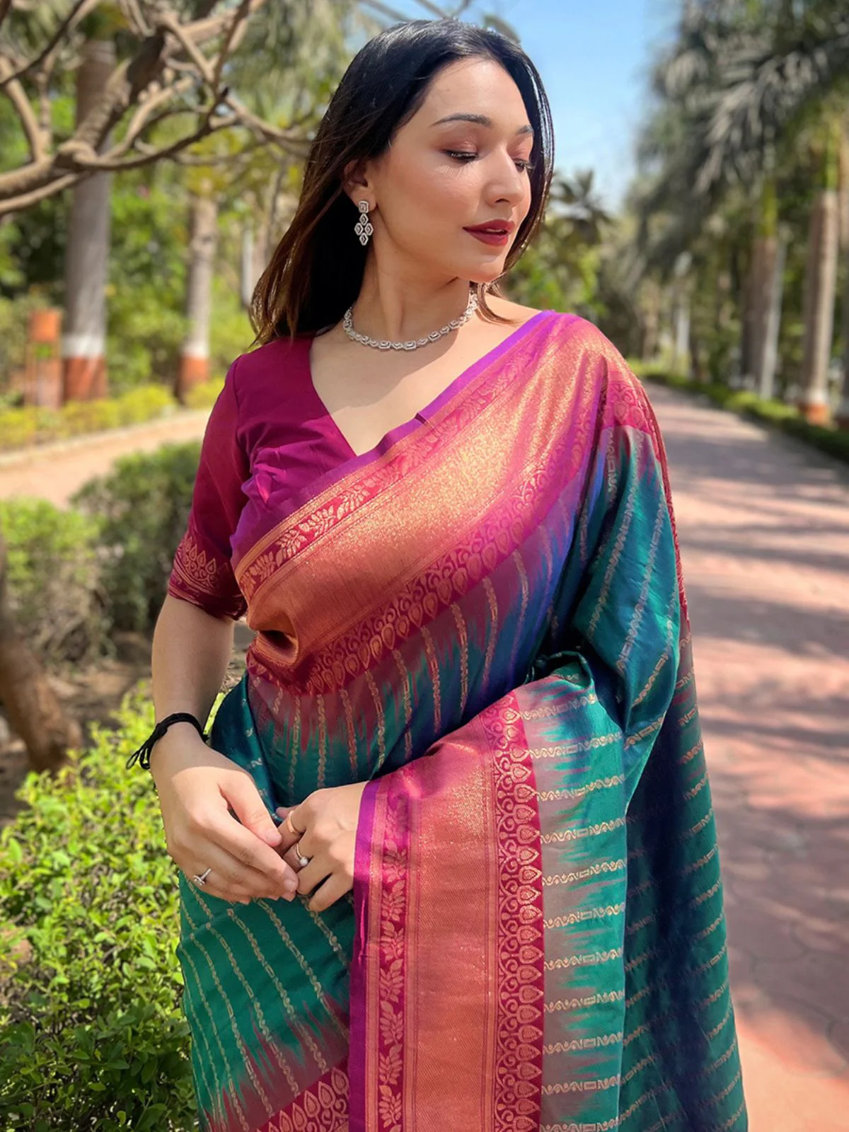 Odette Teal Woven Design Soft Silk Saree With Unstitched Blouse For Women - Image 3