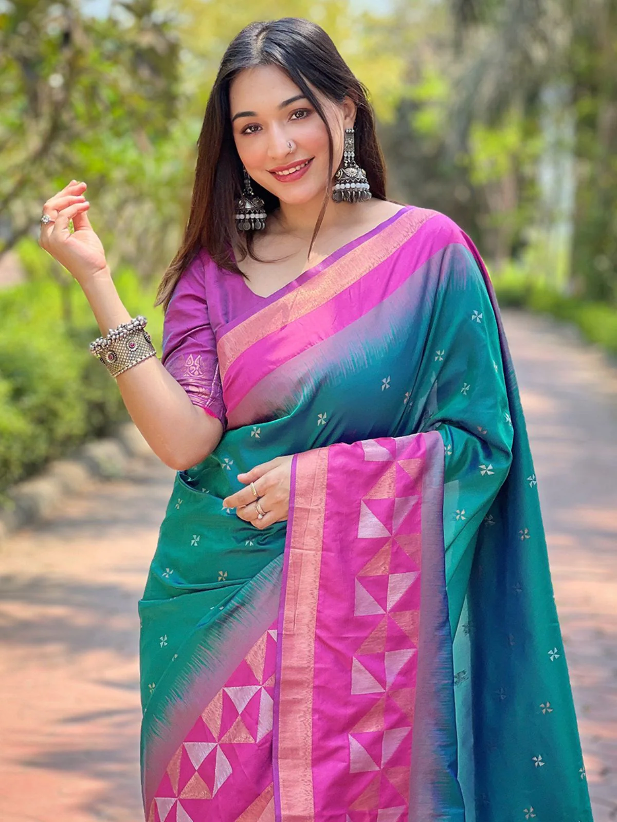Odette Teal Woven Design Soft Silk Saree With Unstitched Blouse For Women - Image 3