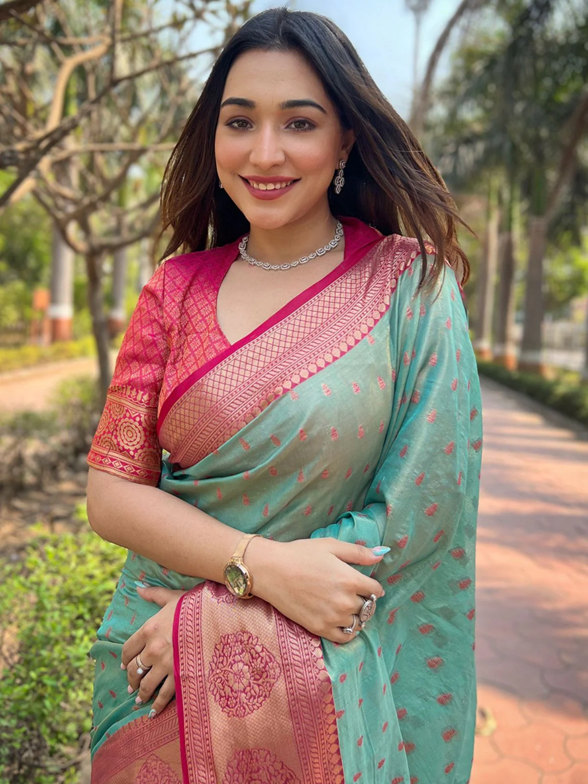 Odette Teal Woven Design Tissue Silk Saree With Unstitched Blouse For Women - Image 3