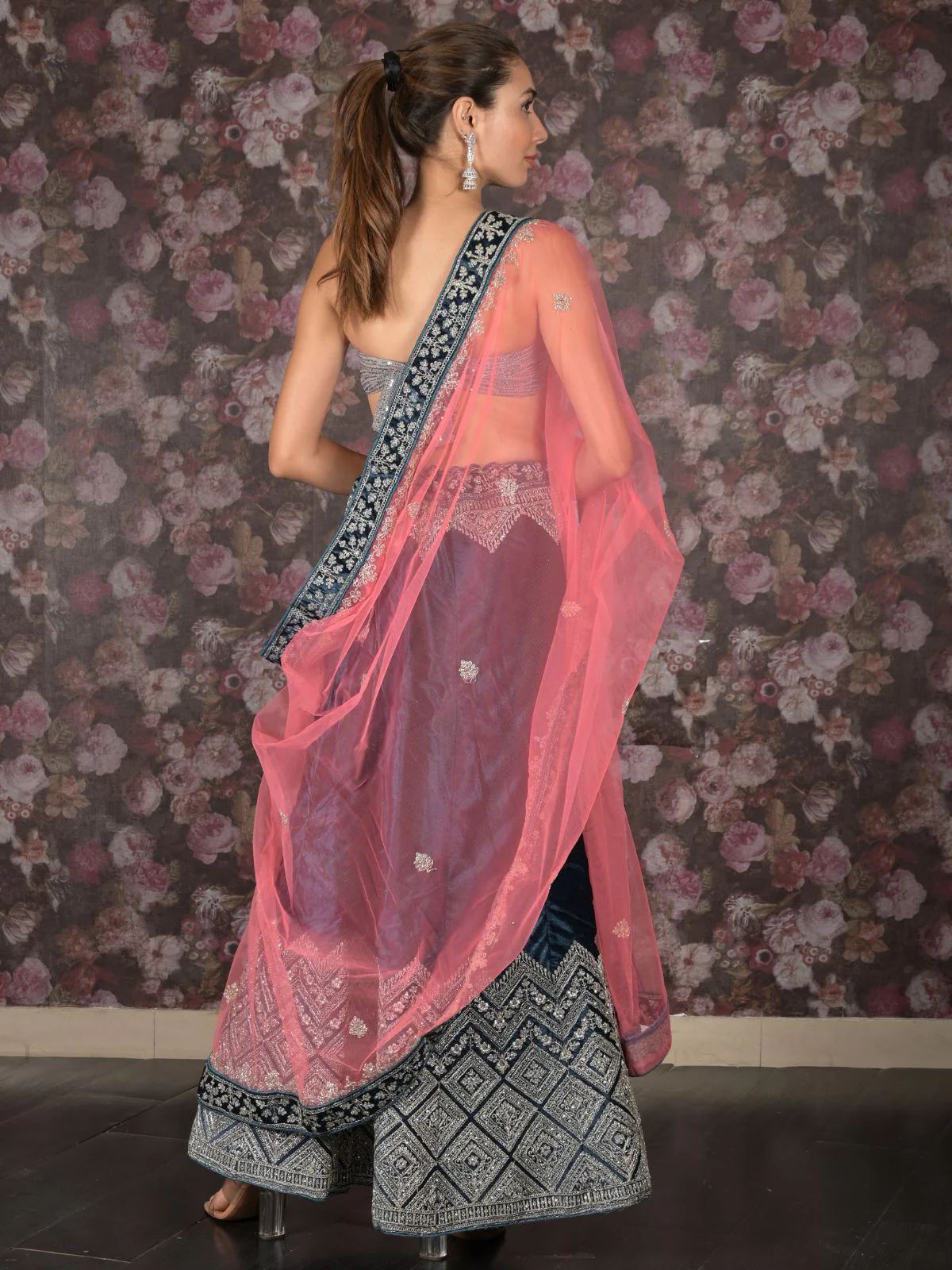 Odette Teal Zari Embroidered Stitched Velvet Lehenga with Unstitched Blouse for Women - Image 4