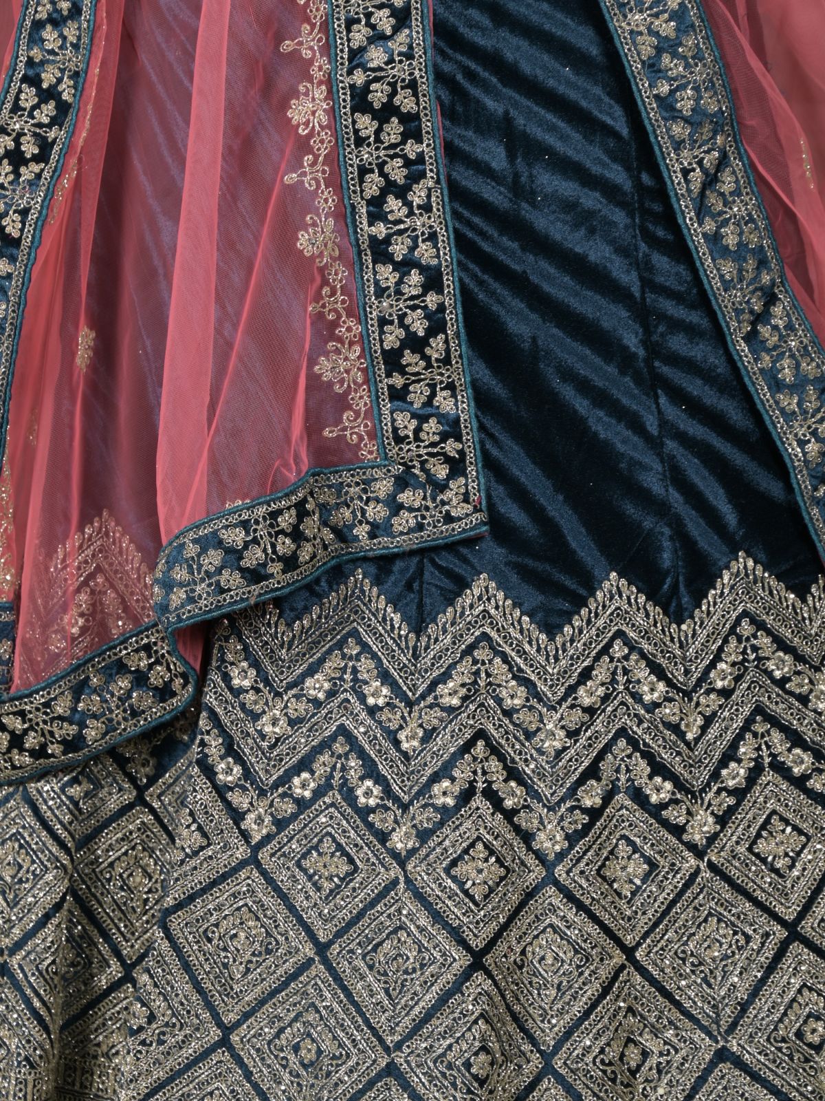 Odette Teal Zari Embroidered Stitched Velvet Lehenga with Unstitched Blouse for Women - Image 5