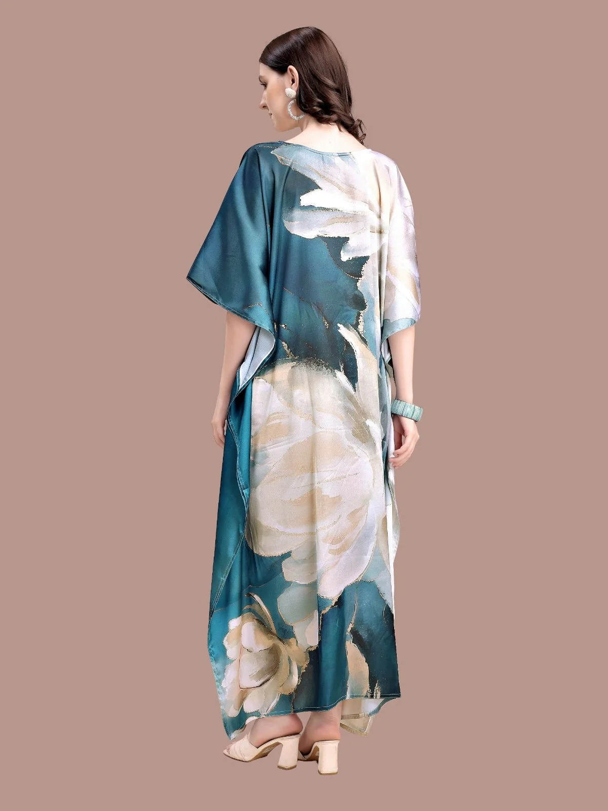 Odette Teel Blue And Beige Satin Printed Kaftan For Women - Image 3