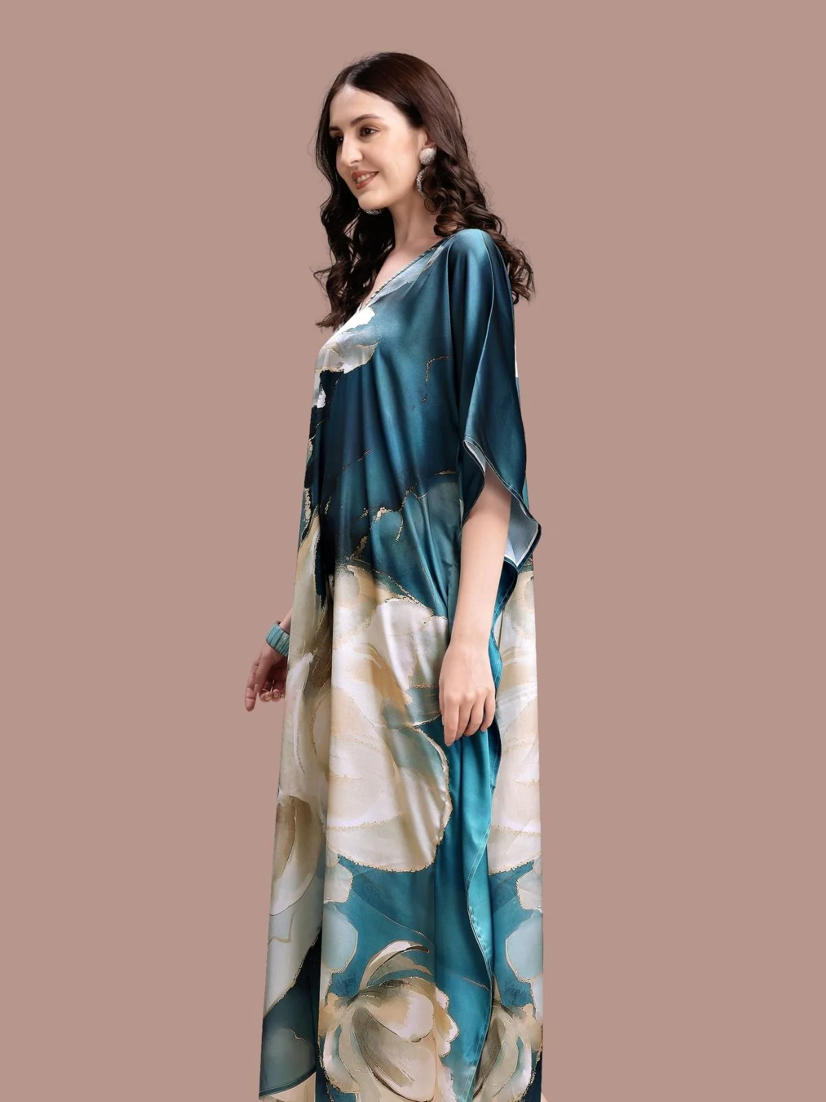 Odette Teel Blue And Beige Satin Printed Kaftan For Women - Image 4