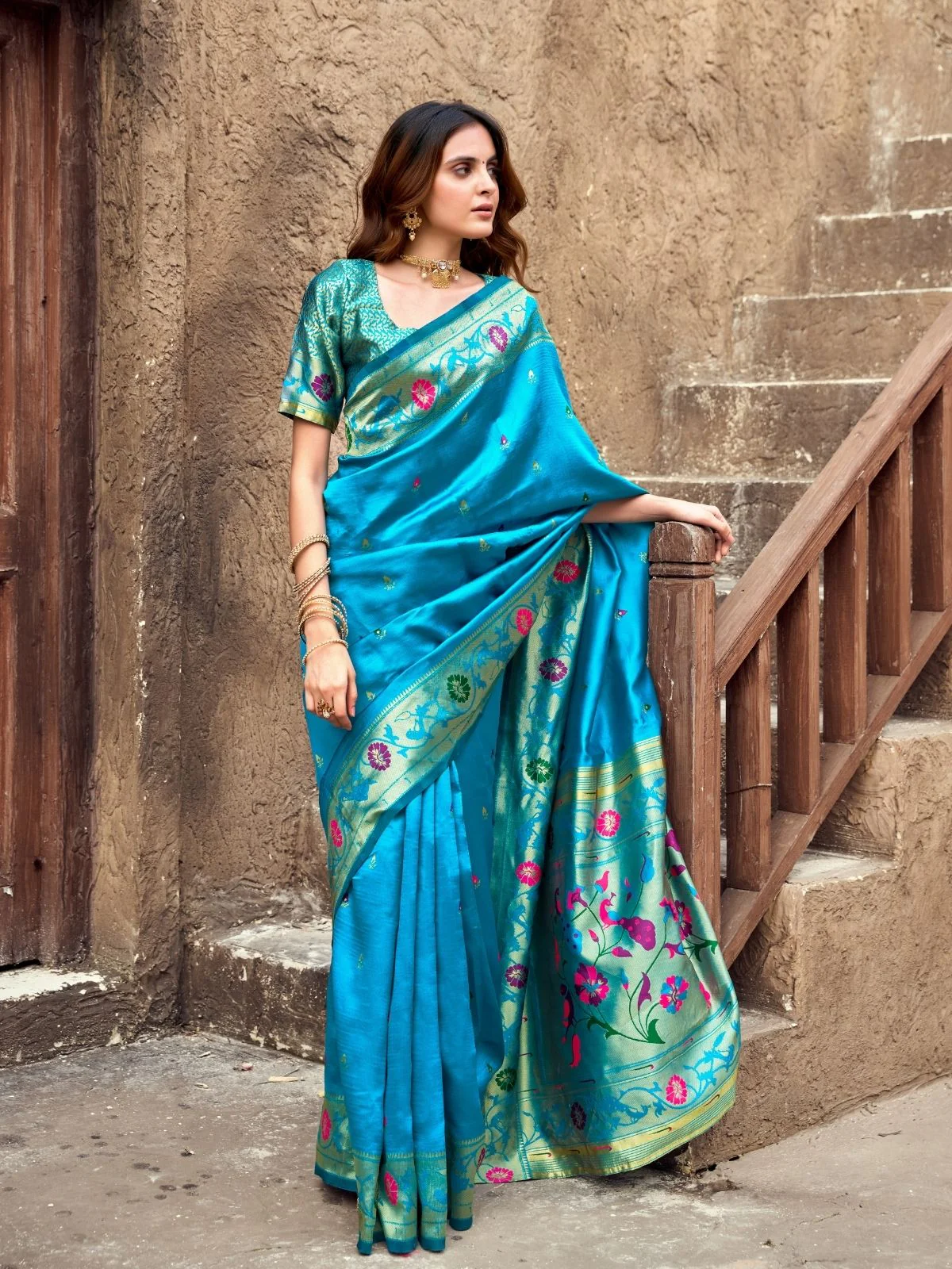 Odette Turquoise Blue Silk Woven Paithani Saree For Women - Image 3