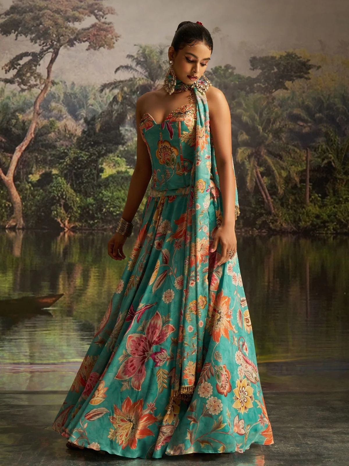 Odette Turquoise Georgette Printed Stitched Lehenga For Women - Image 3