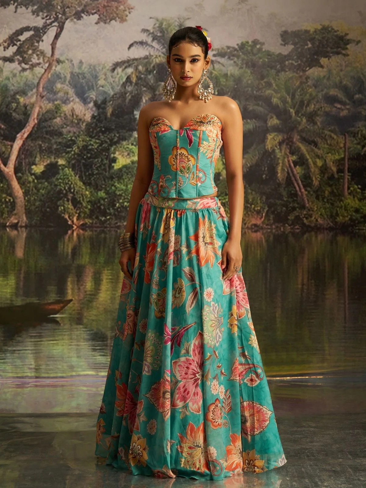 Odette Turquoise Georgette Printed Stitched Lehenga For Women - Image 4
