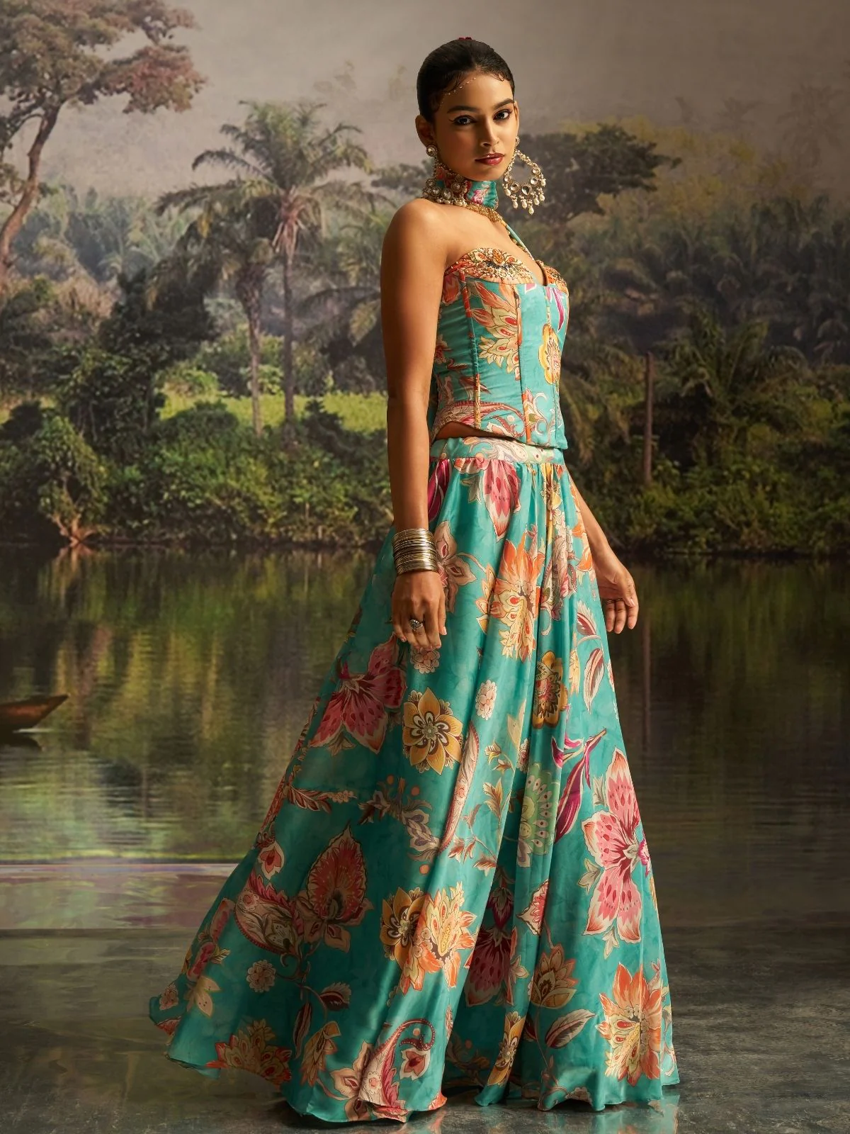 Odette Turquoise Georgette Printed Stitched Lehenga For Women - Image 5