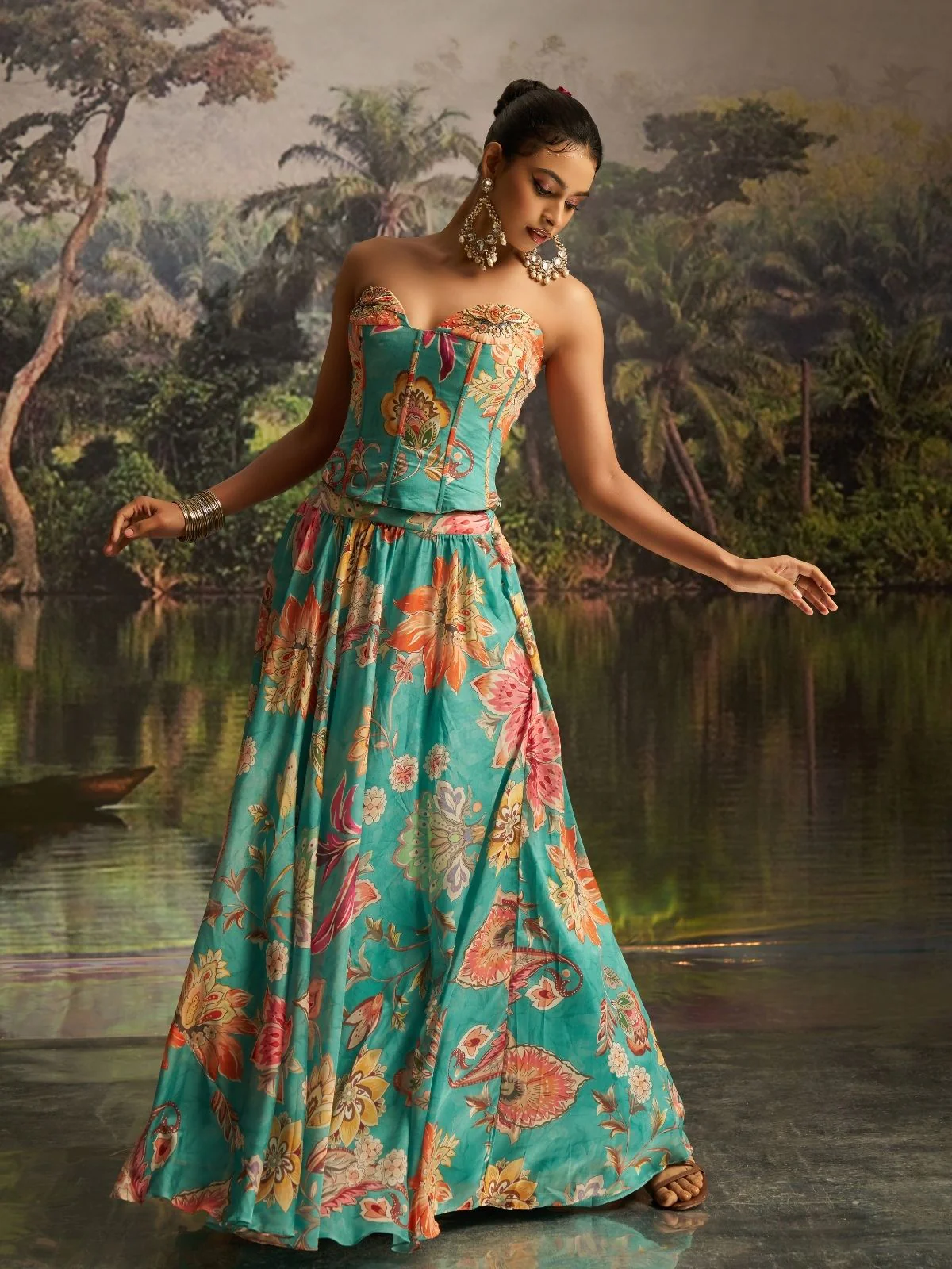 Odette Turquoise Georgette Printed Stitched Lehenga For Women - Image 6