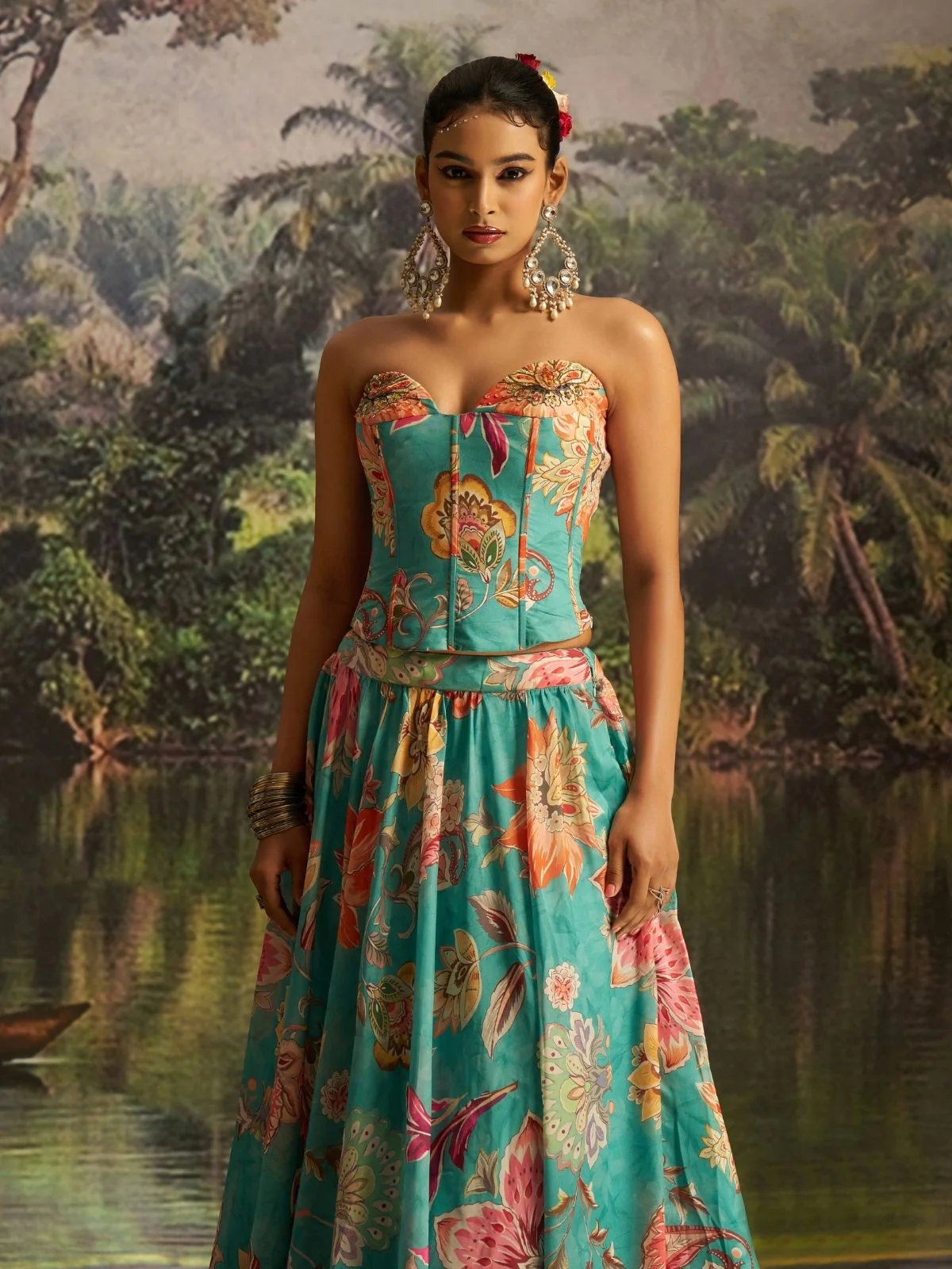 Odette Turquoise Georgette Printed Stitched Lehenga For Women - Image 9