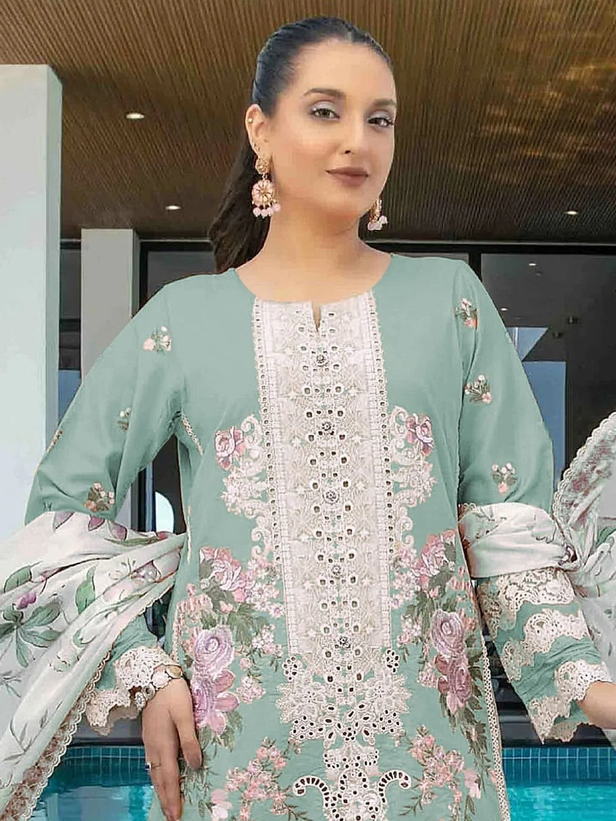 Odette Turquoise Green Cotton Blend Embroidered Semi Stitched Kurta Set For Women - Image 2