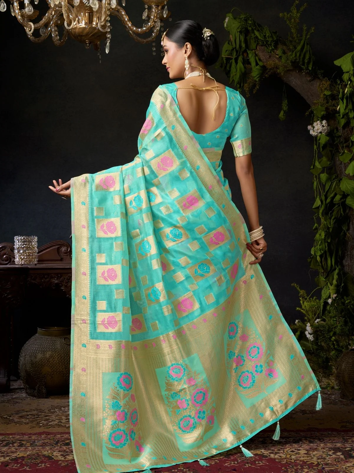 Odette Turquoise Silk Blend Woven Saree For Women - Image 4