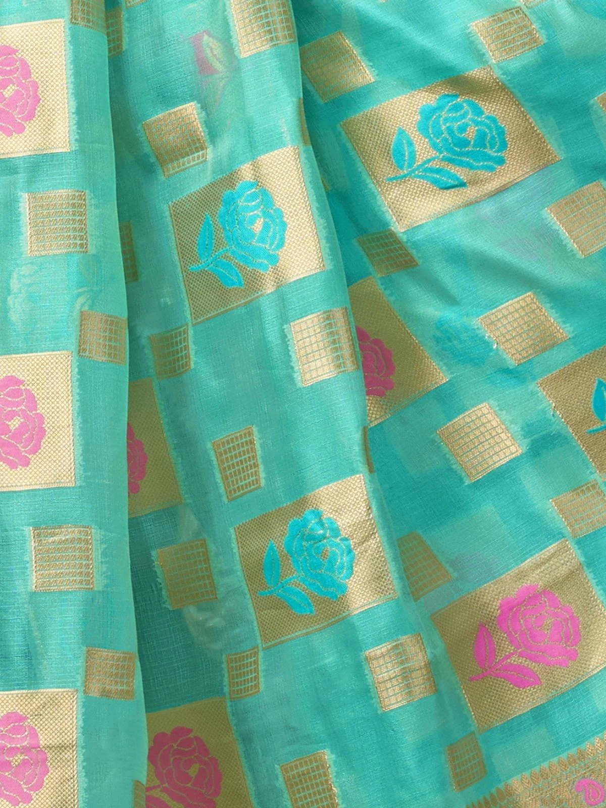 Odette Turquoise Silk Blend Woven Saree For Women - Image 6