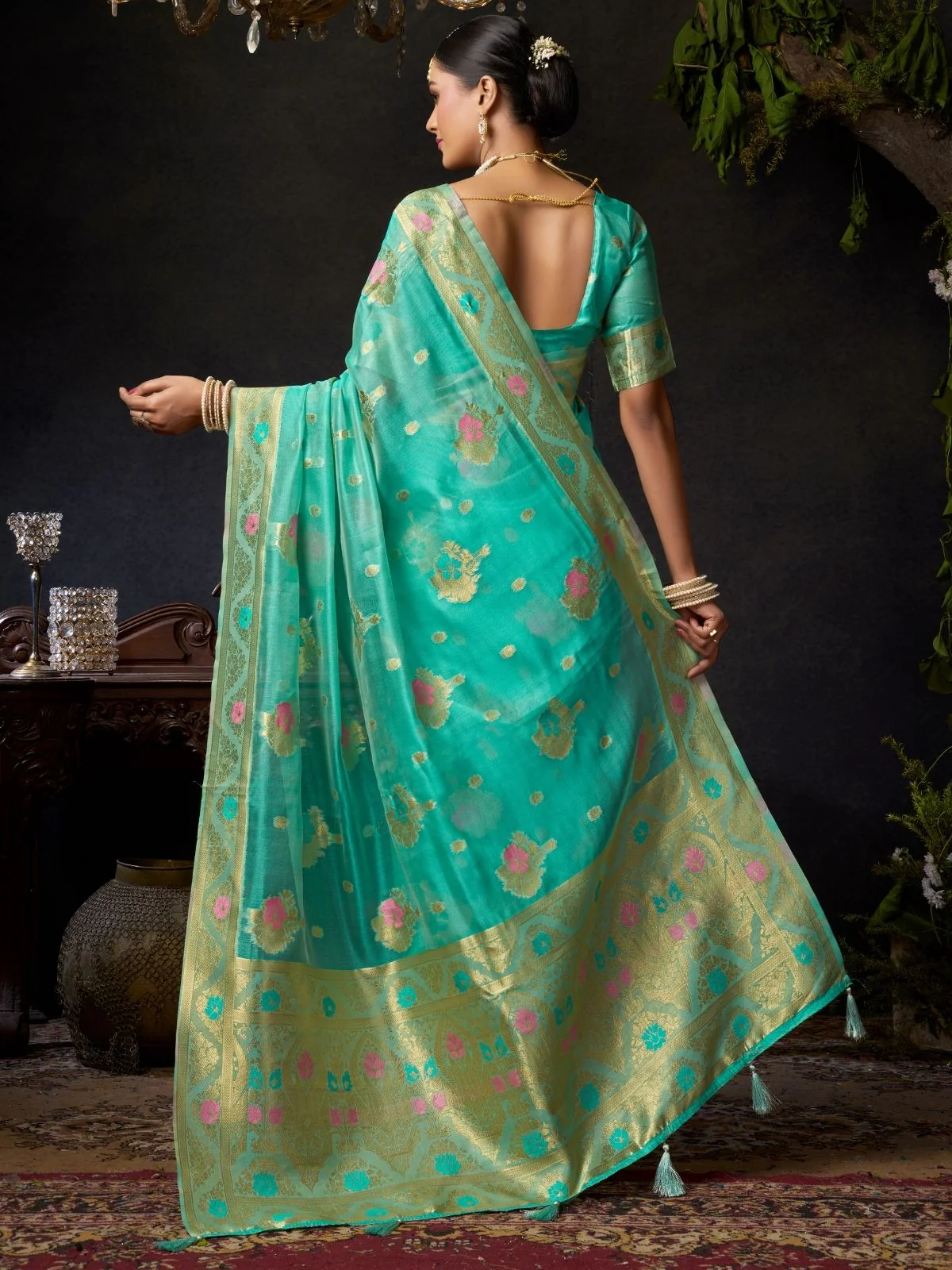 Odette Turquoise Silk Blend Woven Saree For Women - Image 4