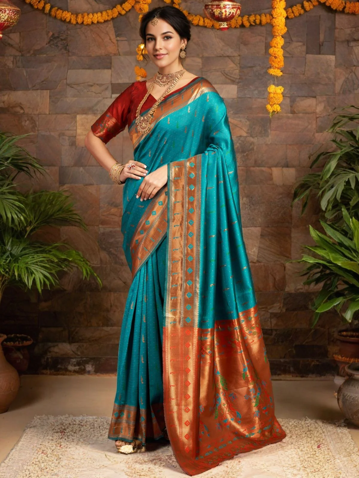 Odette Turquoise Silk Woven Saree For Women