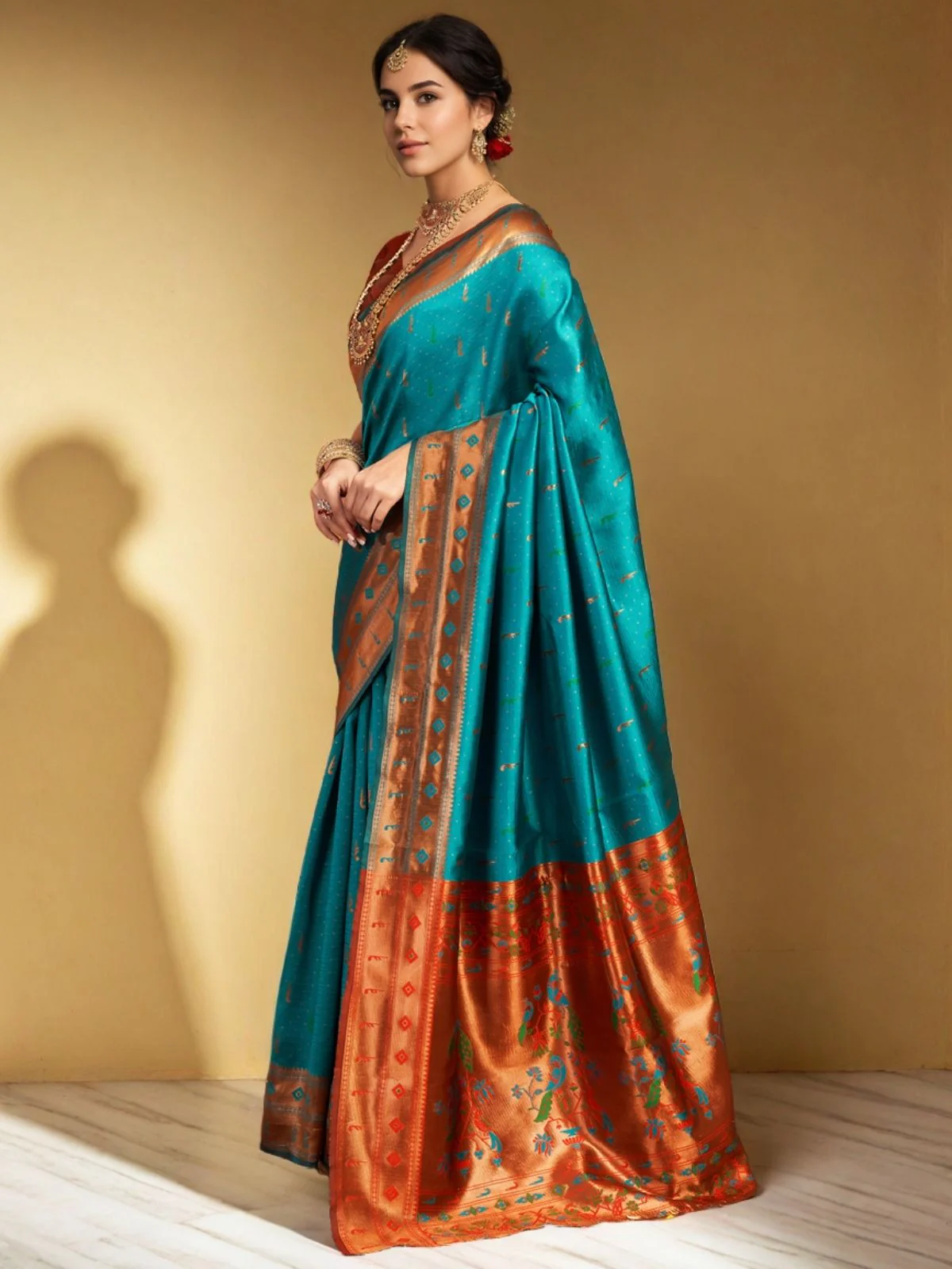 Odette Turquoise Silk Woven Saree For Women - Image 2
