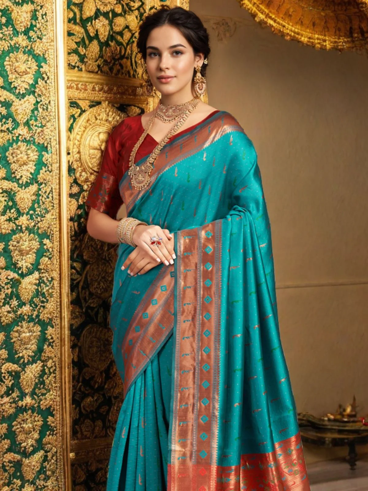Odette Turquoise Silk Woven Saree For Women - Image 3