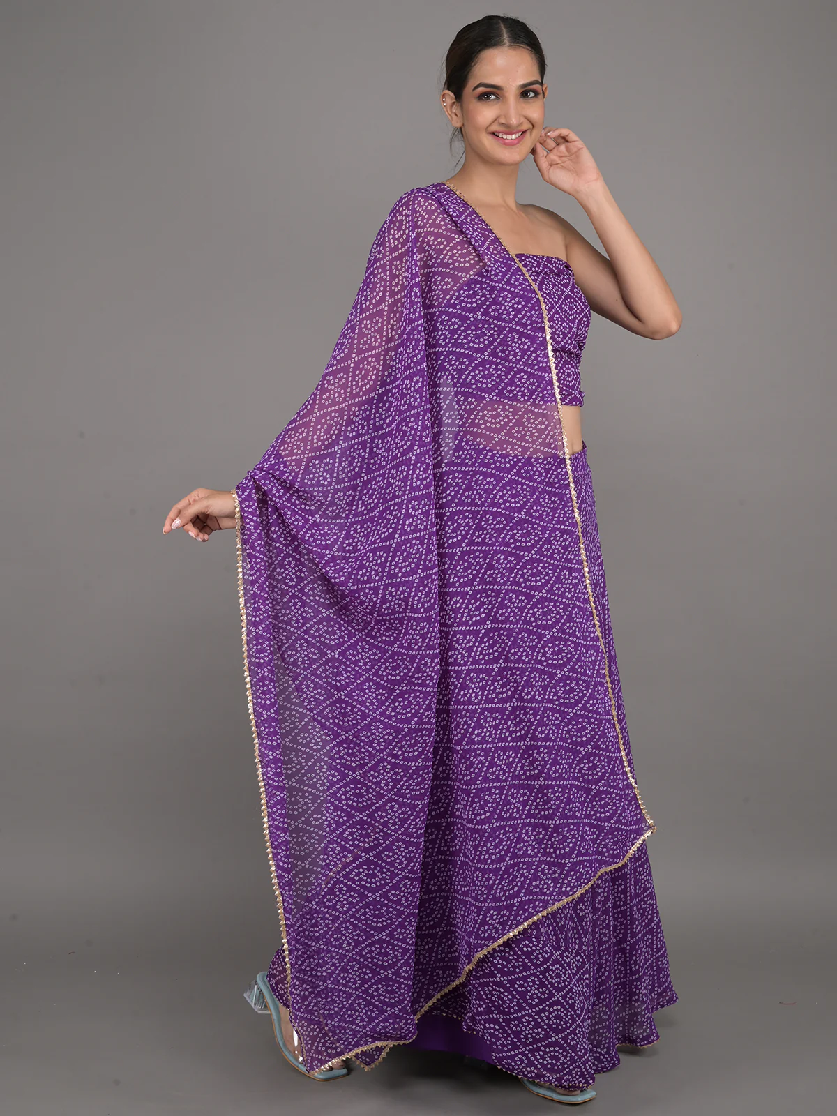 Odette Violet Bandhani Printed Georgette Semi Stitched Lehenga With Unstitched Blouse For Women - Image 2
