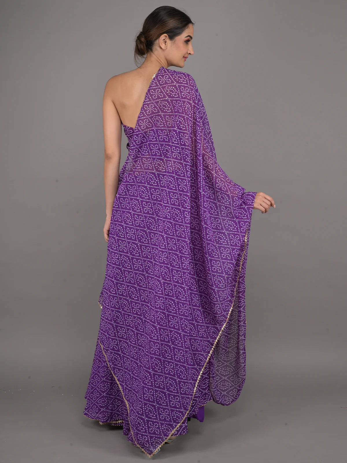 Odette Violet Bandhani Printed Georgette Semi Stitched Lehenga With Unstitched Blouse For Women - Image 3