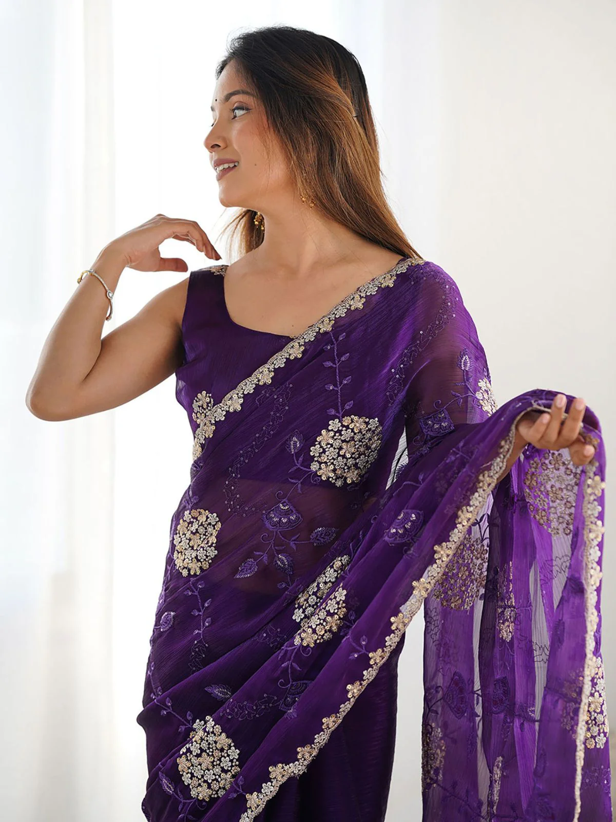 Odette Violet Chiffon Embroidered Elegant Saree For Women - Image 5