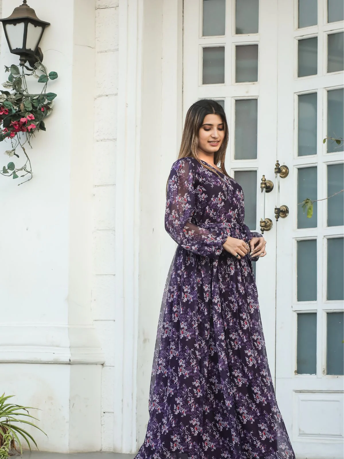 Odette Violet Chiffon Stitched Printed Indo Western Dress For Women - Image 3