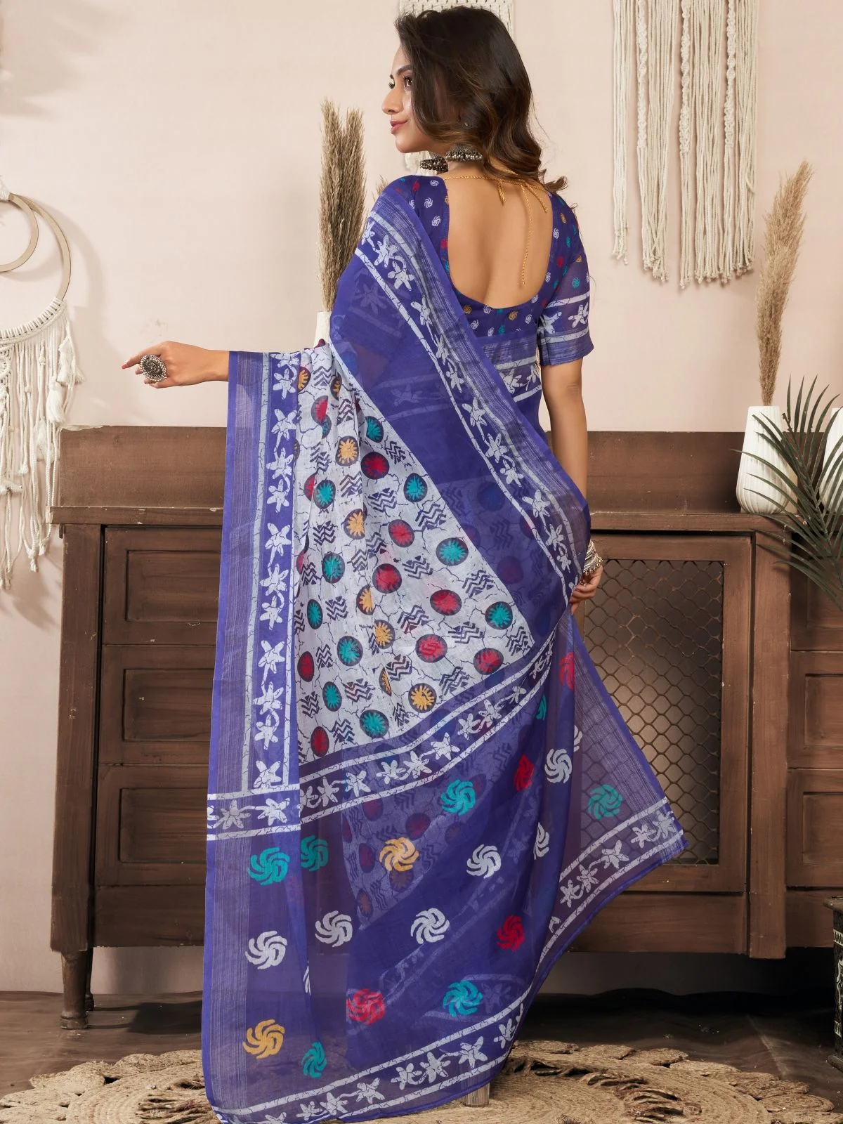 Odette Violet Cotton Linen Zari Work Saree For Women - Image 4