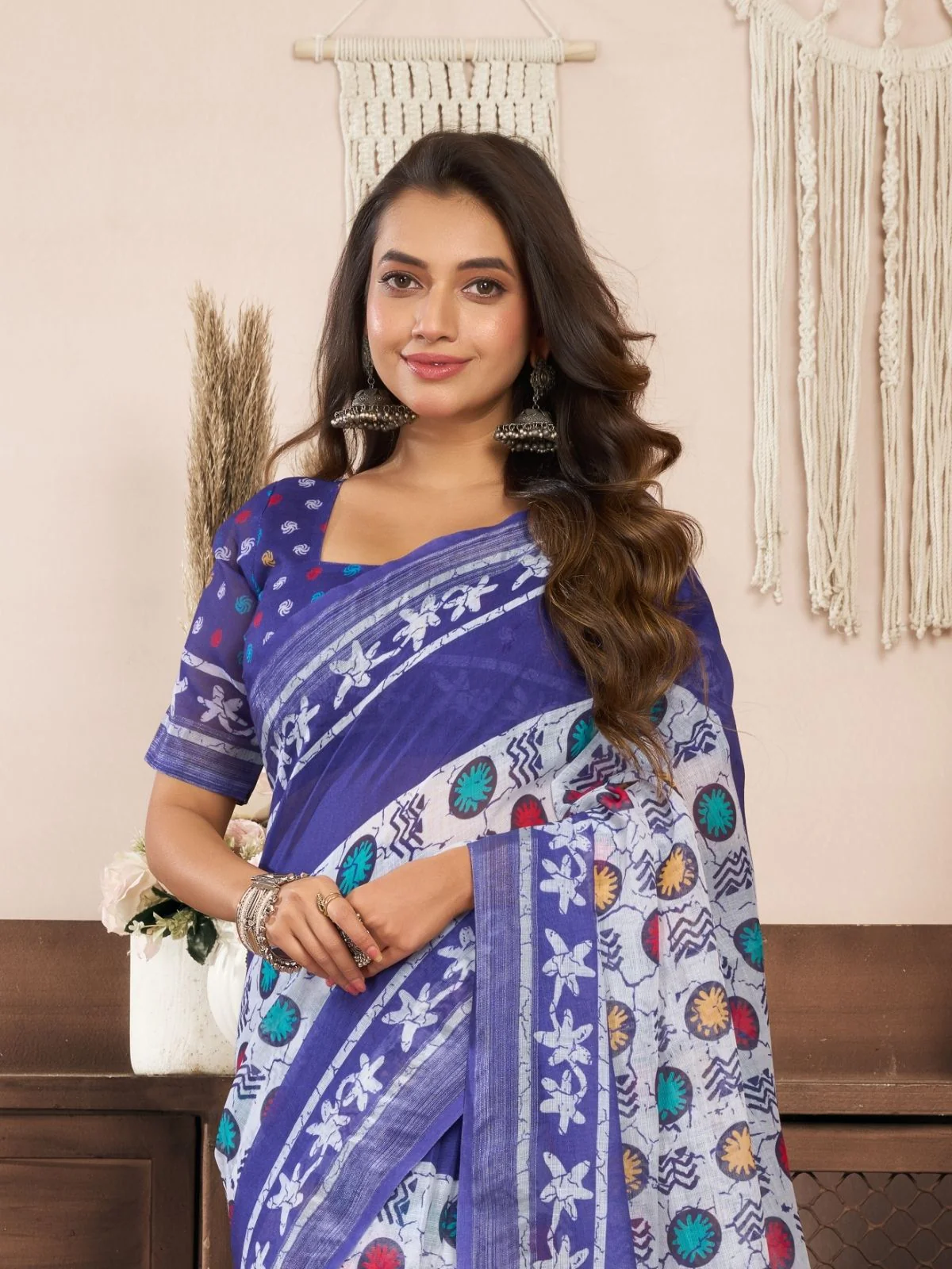 Odette Violet Cotton Linen Zari Work Saree For Women - Image 5