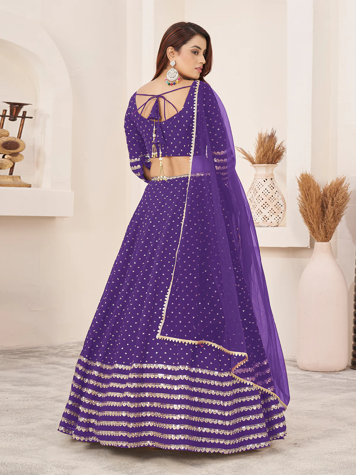 Odette Violet Georgette Embellished Semi Stitched Lehenga With Unstitched Blouse For Women - Image 3