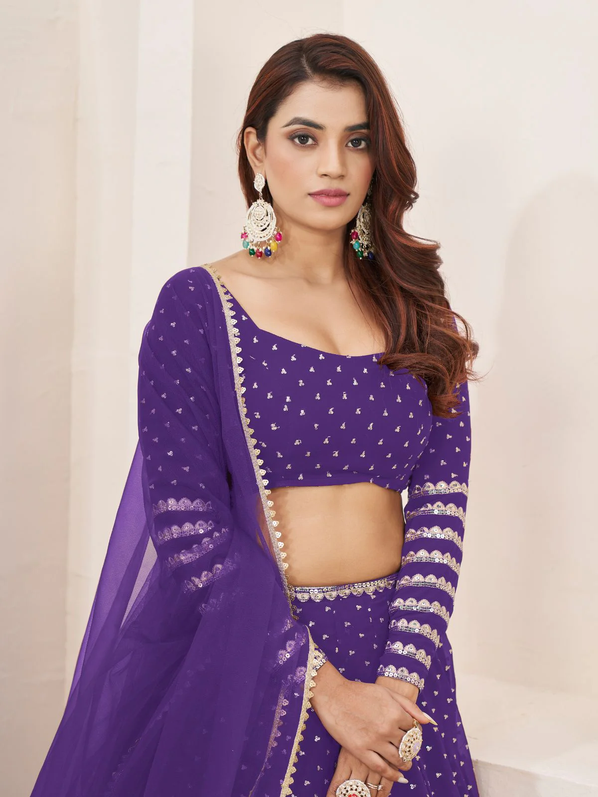 Odette Violet Georgette Embellished Semi Stitched Lehenga With Unstitched Blouse For Women - Image 5