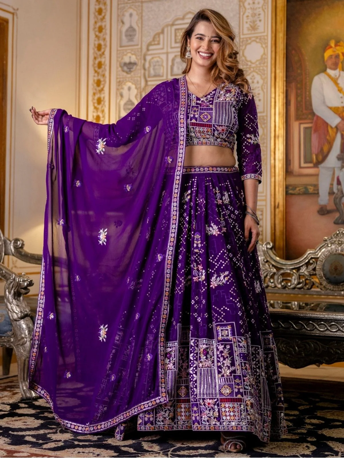 Odette Violet Georgette Embroidered Lehenga For Women - Image 2